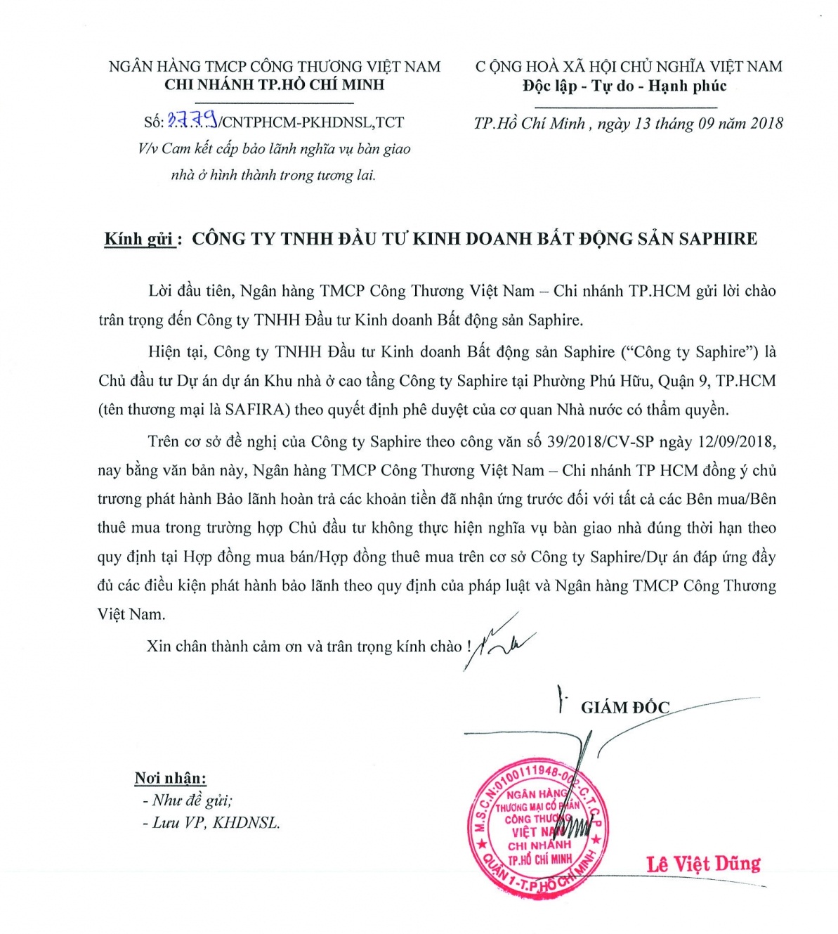 Công Văn Viettinbank CN Hồ Chí Minh về chủ trương chấp thuận bảo lãnh dự án Safira Khang Điền - Khang Điền HCM