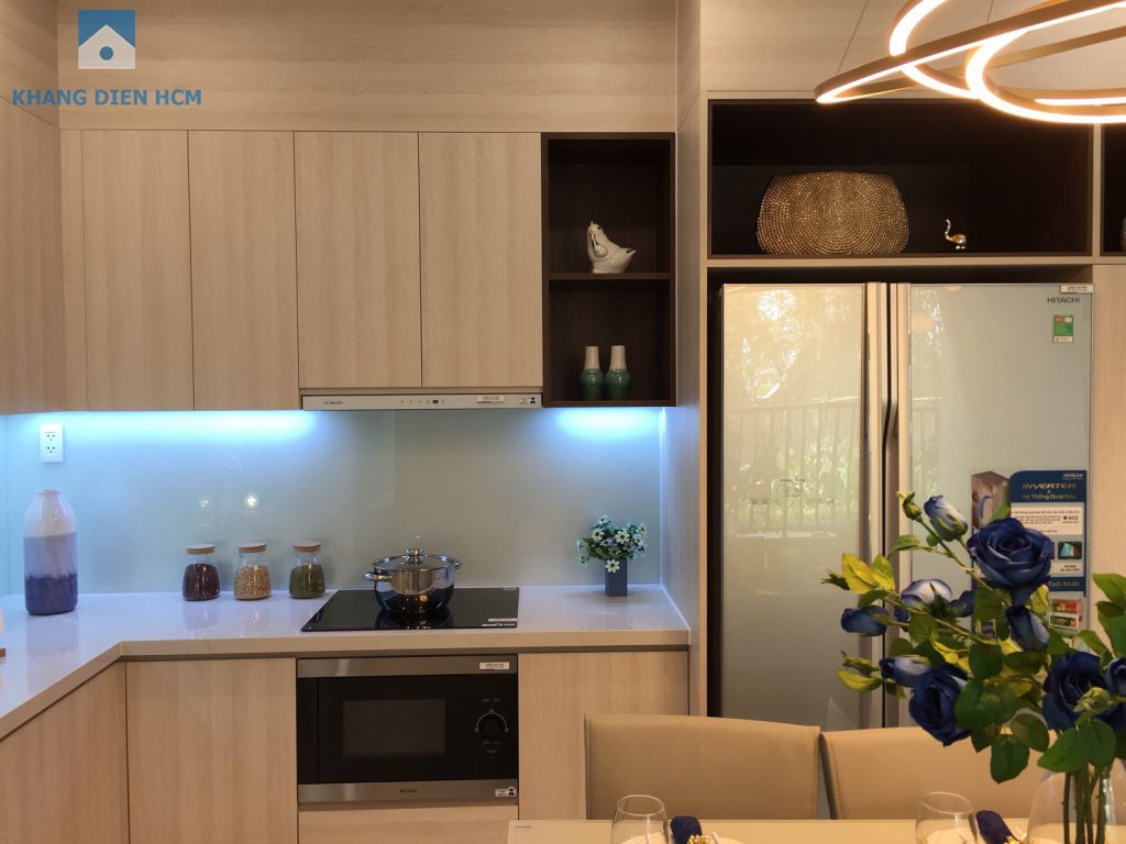 Tủ bếp trên, tủ bếp dưới, các thiết bị lavabo, vòi rửa và gợi ý bố trí bếp tại căn 2PN trong dự án Safira - Khang Điền HCM