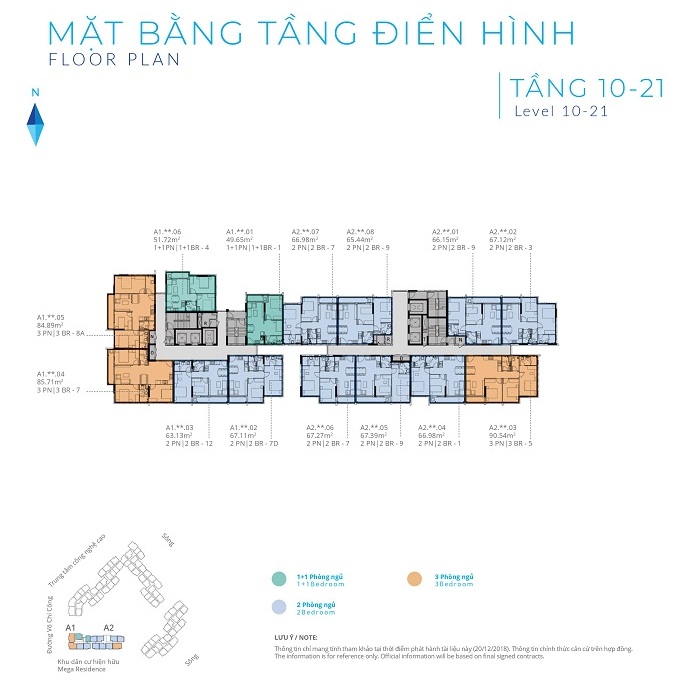Mặt bằng tầng điển hình từ tầng 10 - 21 của dự án Safira được bố trí 14 căn hộ ít hơn những tầng dưới 5 căn nên sẽ thông thoáng hơn - Khang Điền HCM