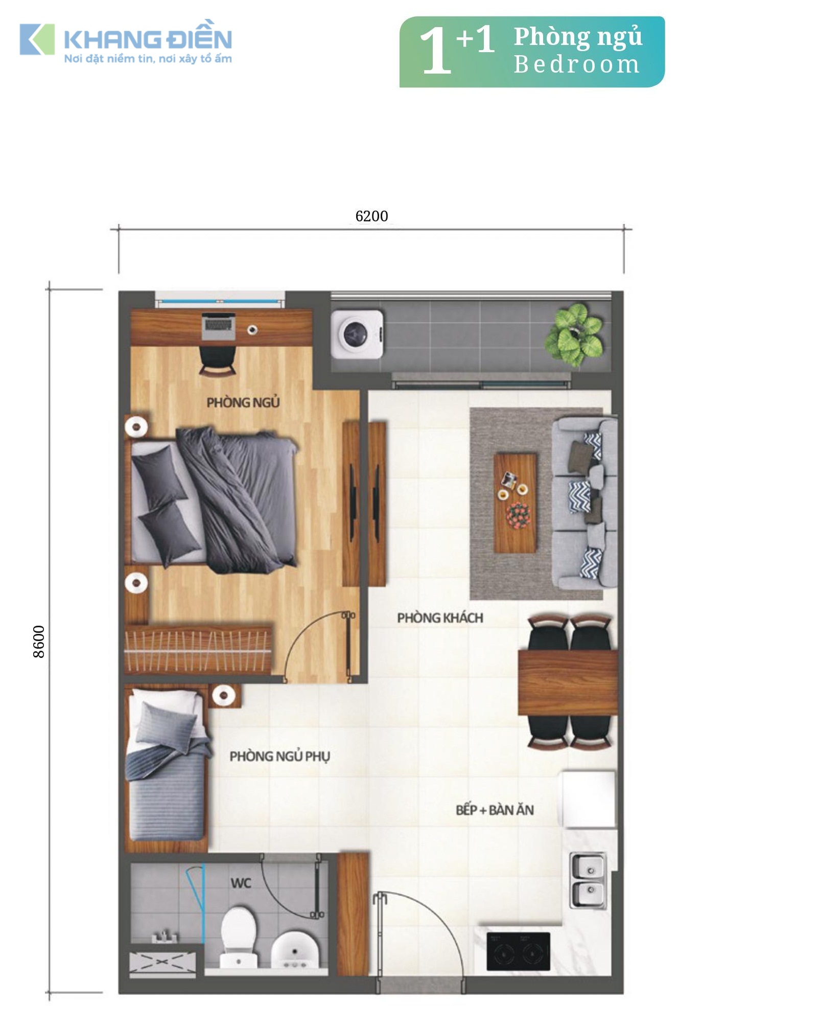 Layout thiết kế căn hộ 1+1 PN/1WC tại dự án Lovera Vista Bình Chánh - Khang Điền HCM