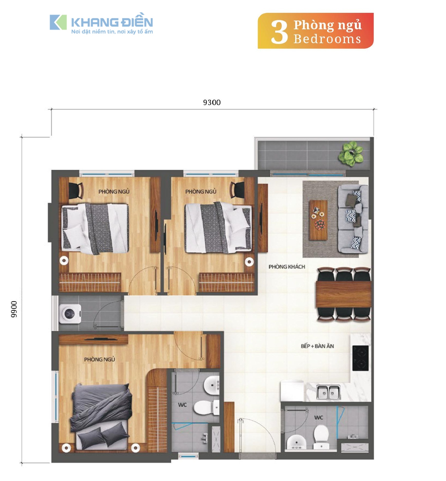 Thiết kế căn hộ 3 phòng ngủ, 2WC diện tích 82m2tại dự án Khang Điền Bình Tân - Khang Điền HCM