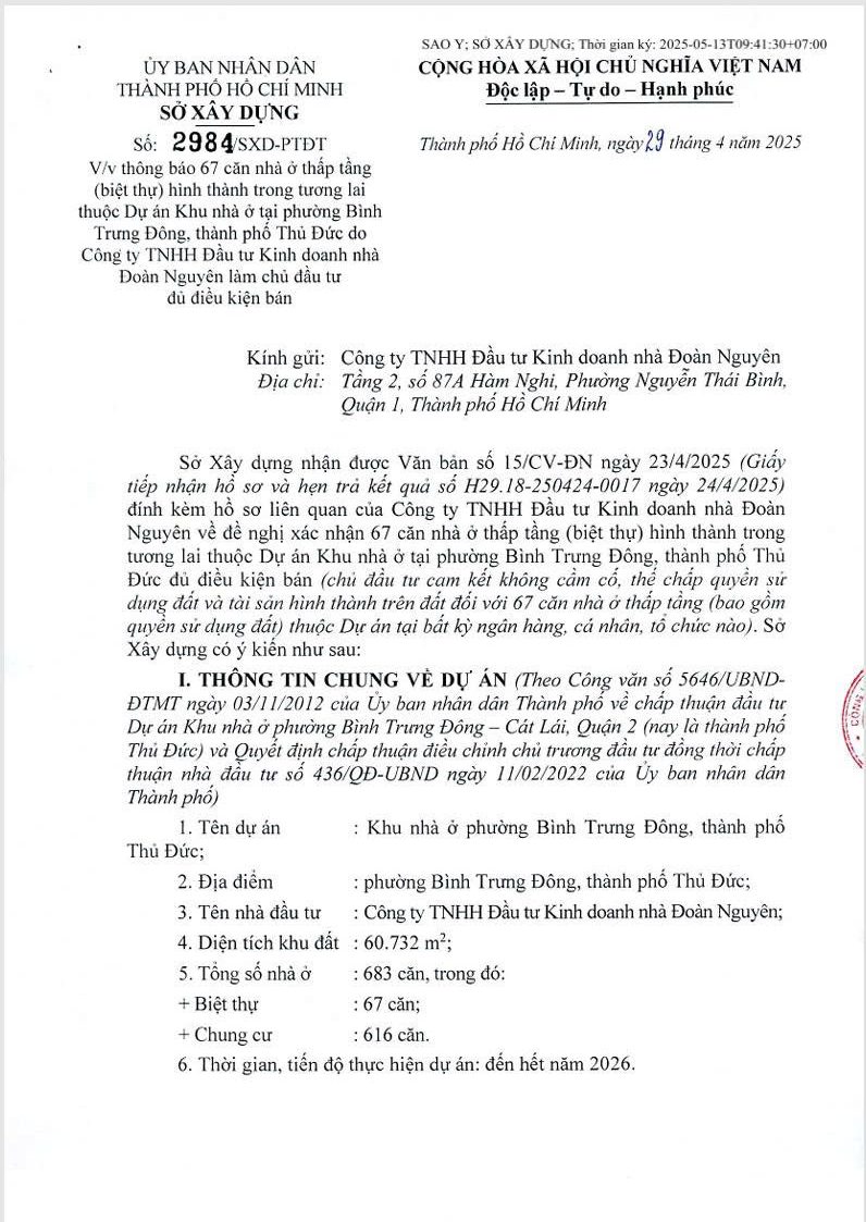 Văn bản số 2984/SXD-PTĐT - Sở Xây Dựng TP.HCM về việc đủ điều kiện bán hàng dự án Gladia Khang Điền